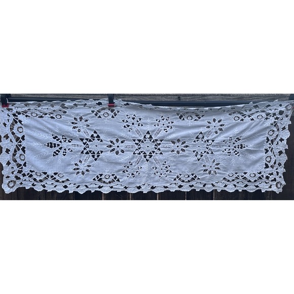 Handmade Other - Vintage Hand Embroidered Cutwork Table Runner White Linen Floral 49 x 16